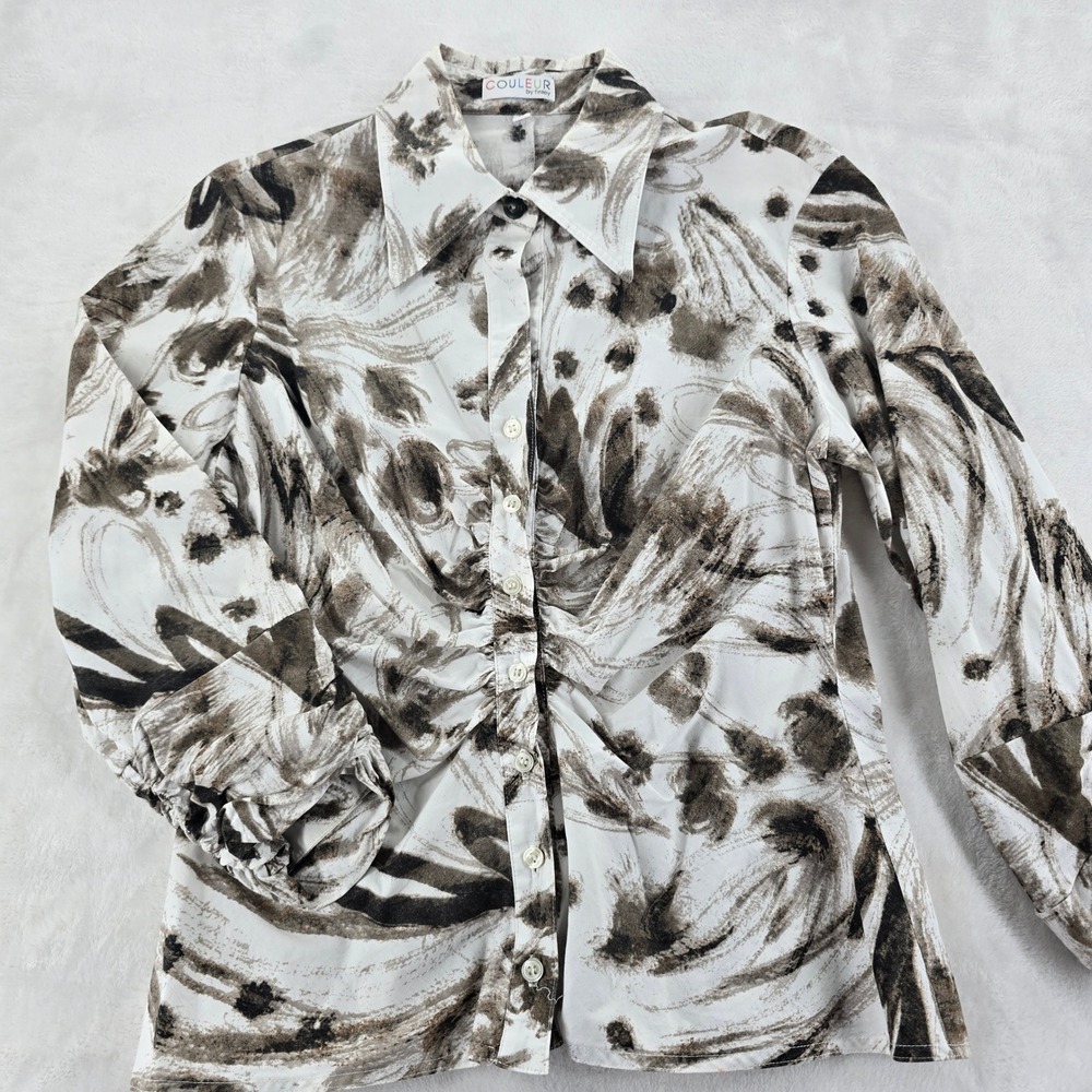 Couleur by Finley Blouse Womens L Button Up White Brown Tristana Flying Feathers
